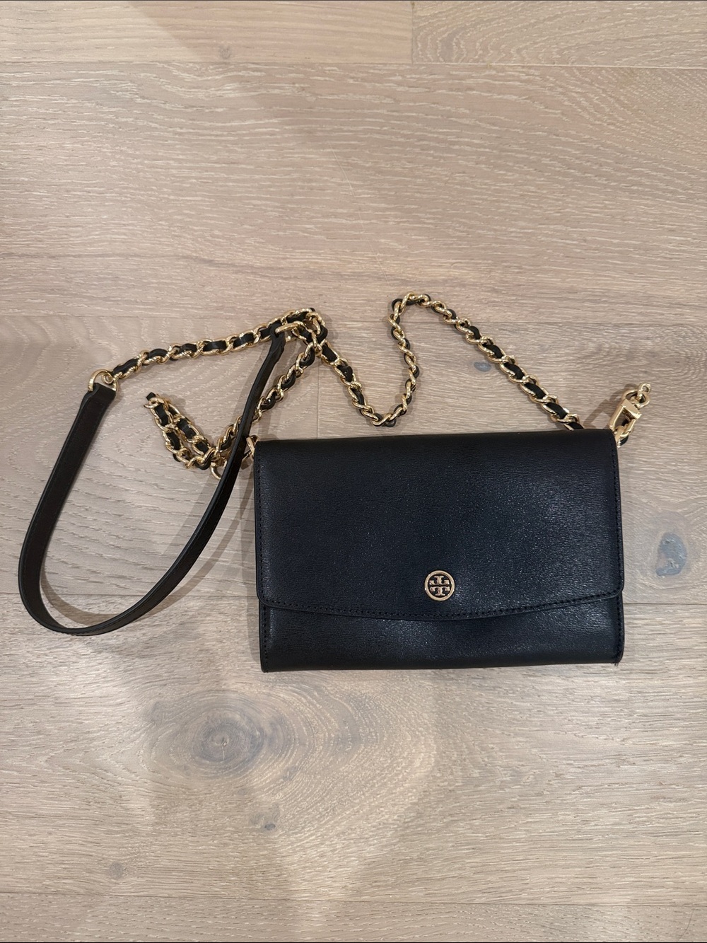 Tory Burch Black Leather Crossbody with Gold Chain